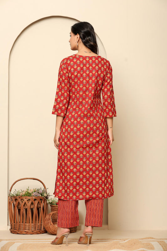 Red Printed Cotton Kurta Set
