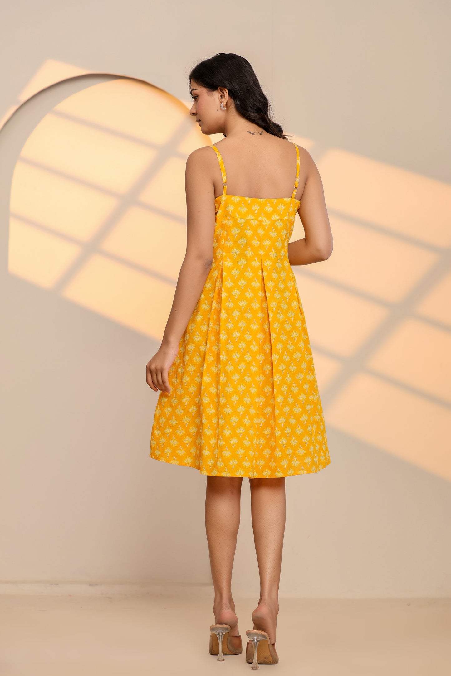 Misted Marigold Yellow Cotton Hand Block Printed Mini Dress