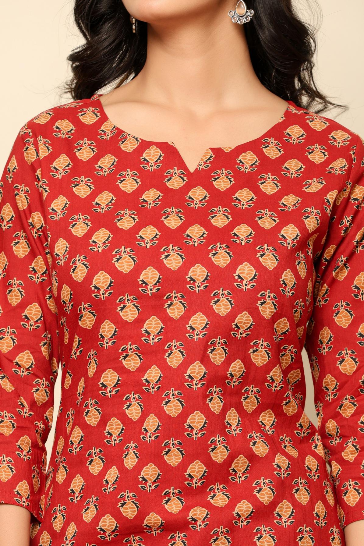 Red Printed Cotton Kurta Set