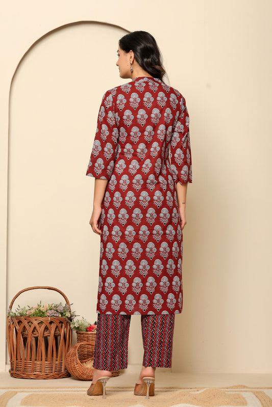 Maroon Printed Cotton Kurta Set