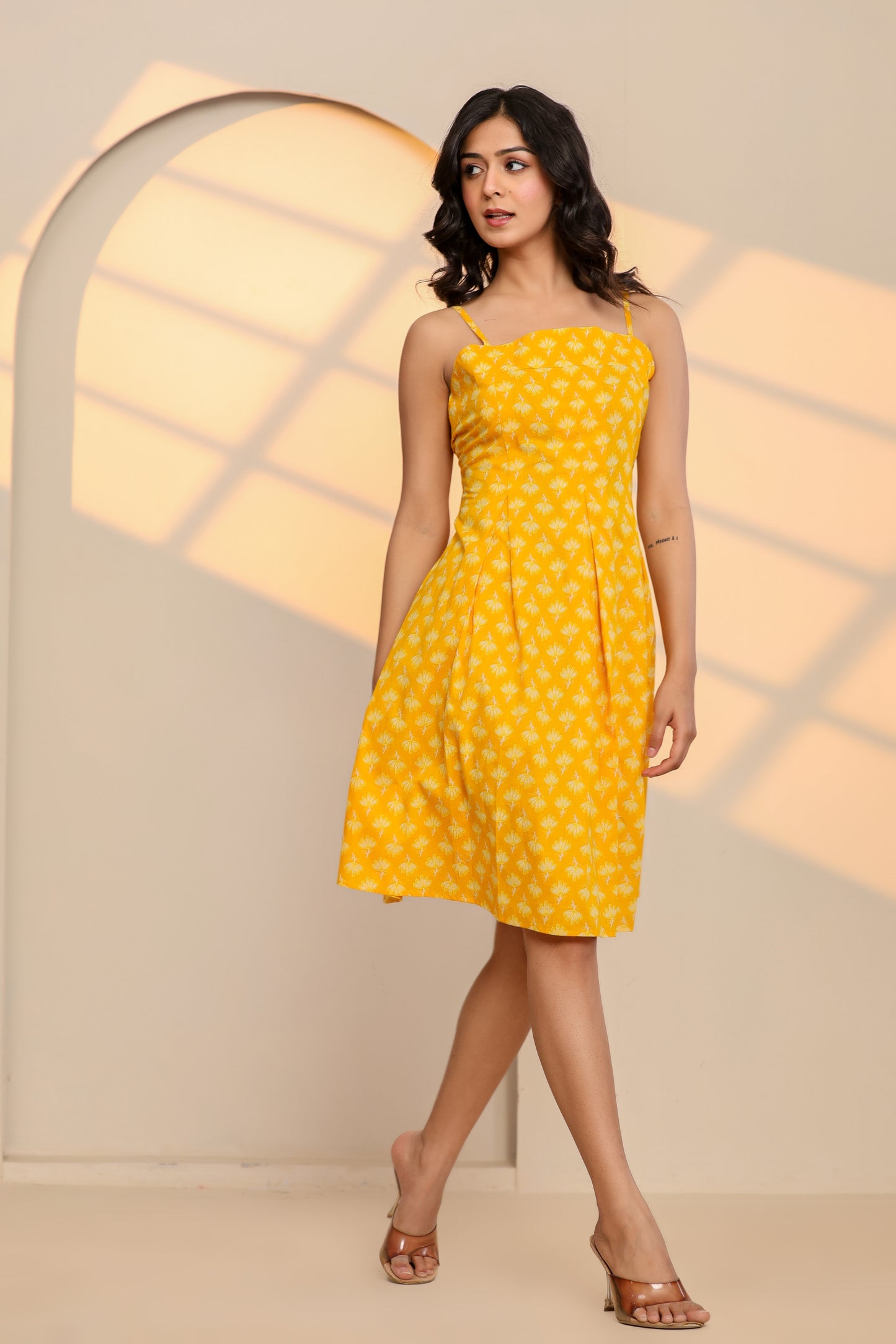 Misted Marigold Yellow Cotton Hand Block Printed Mini Dress