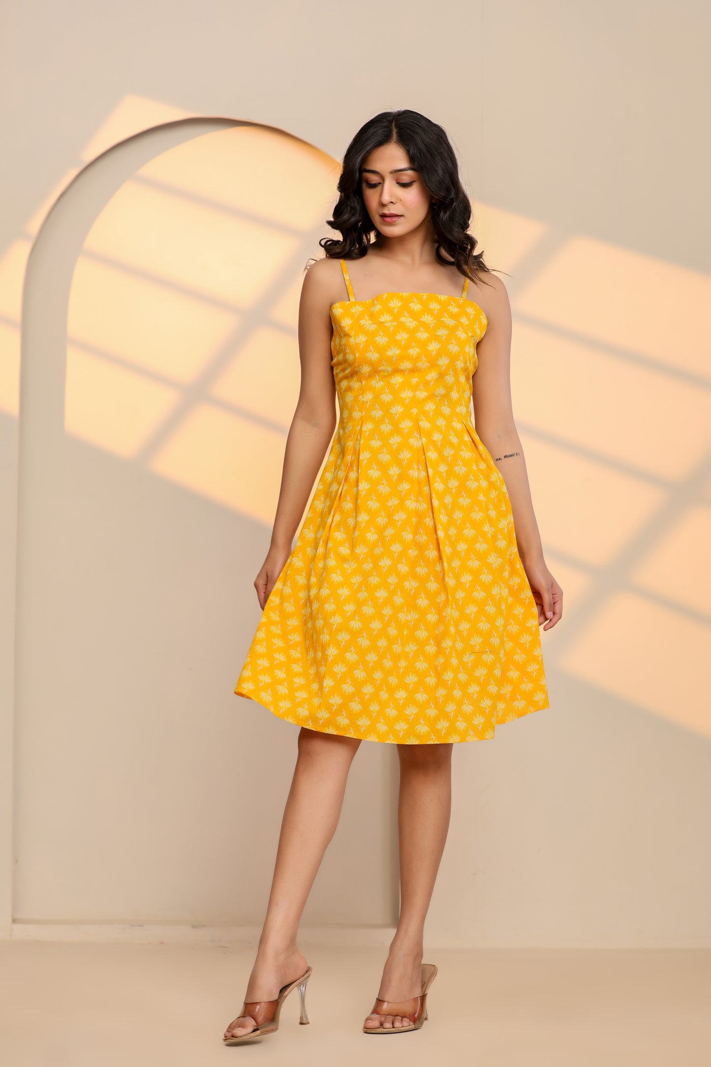 Misted Marigold Yellow Cotton Hand Block Printed Mini Dress