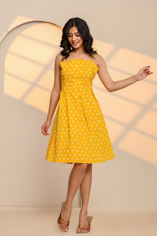 Misted Marigold Yellow Cotton Hand Block Printed Mini Dress
