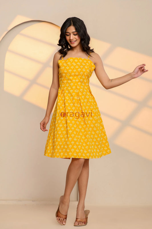 Misted Marigold Yellow Cotton Hand Block Printed Mini Dress - Ragavi