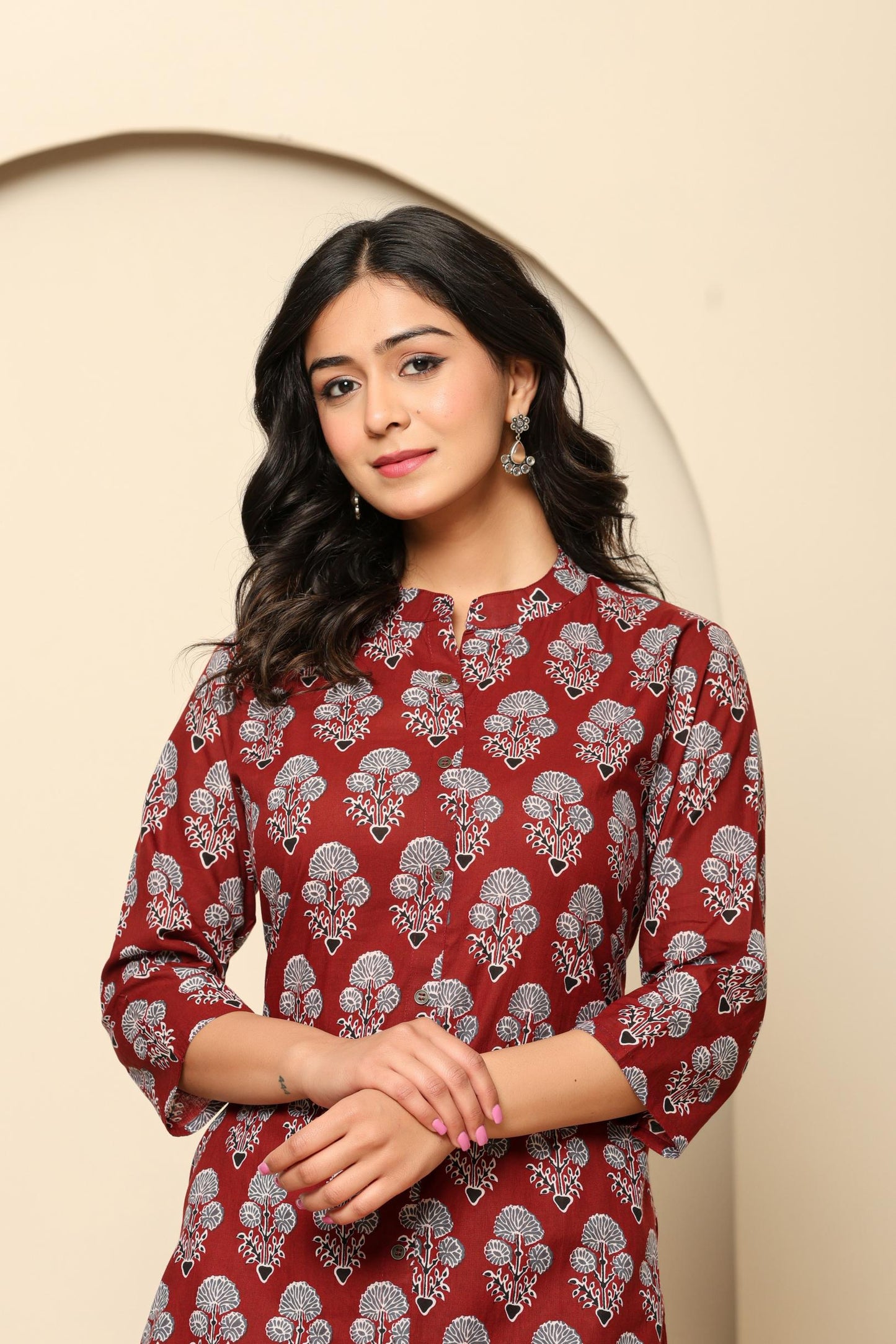 Maroon Printed Cotton Kurta Set