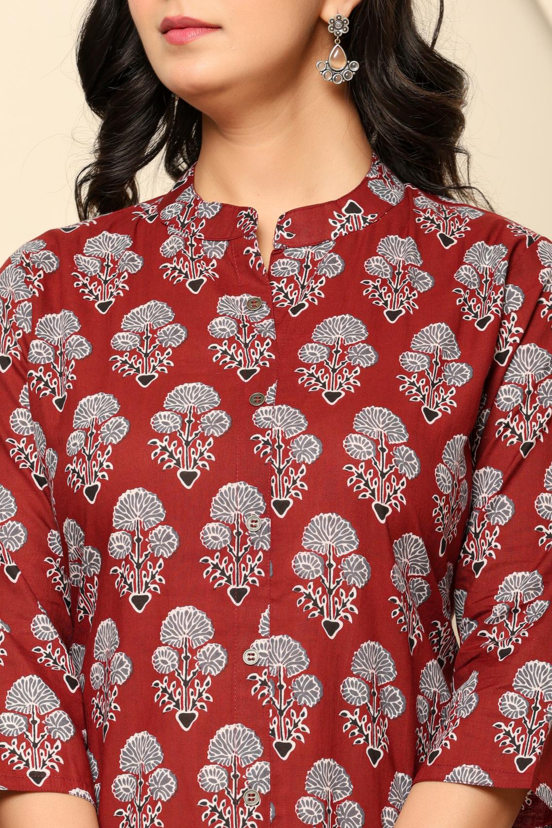 Maroon Printed Cotton Kurta Set