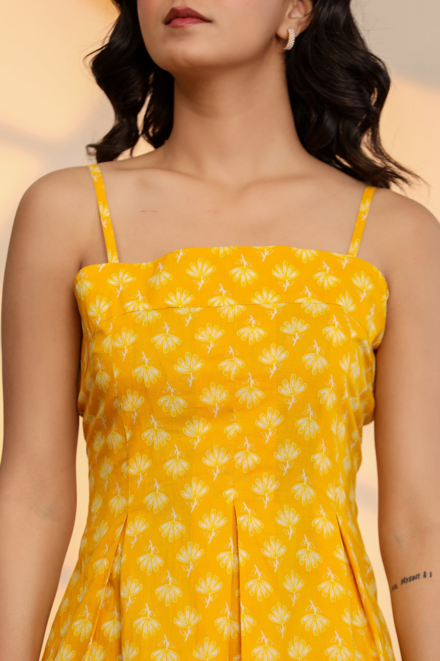 Misted Marigold Yellow Cotton Hand Block Printed Mini Dress