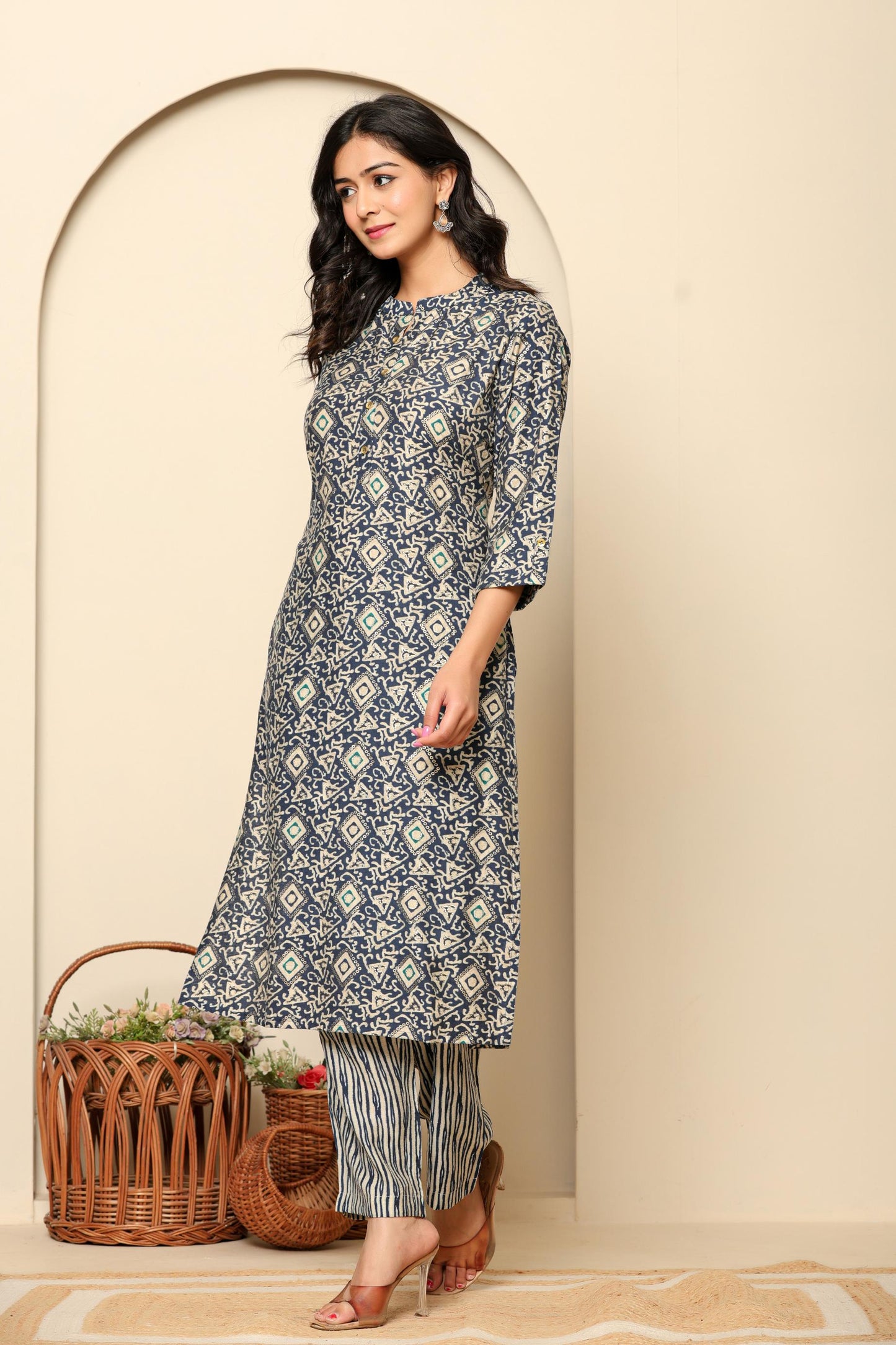 Blue Printed Rayon Kurta Set