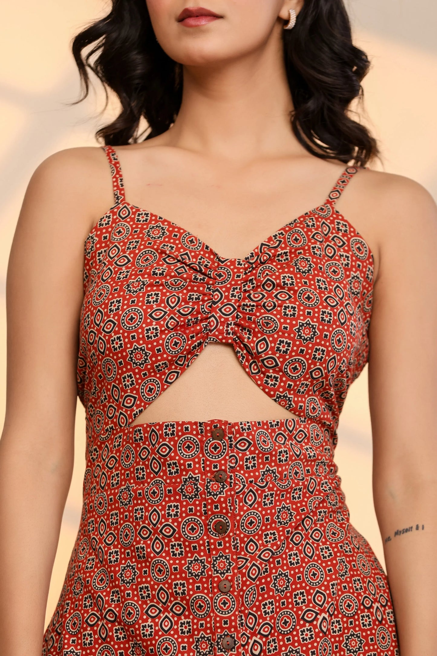 Racing Red Cotton Hand Block Printed Midi Dress - Ragavi
