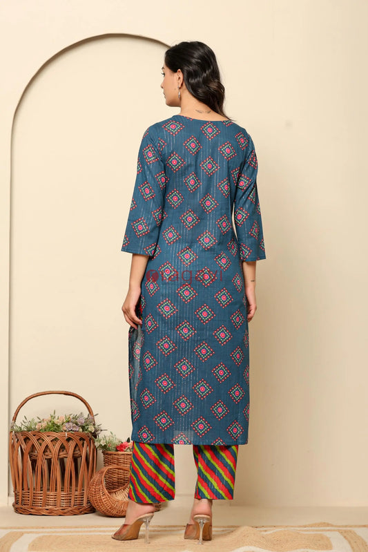 Navy Blue Printed Cotton Kurta Set - Ragavi
