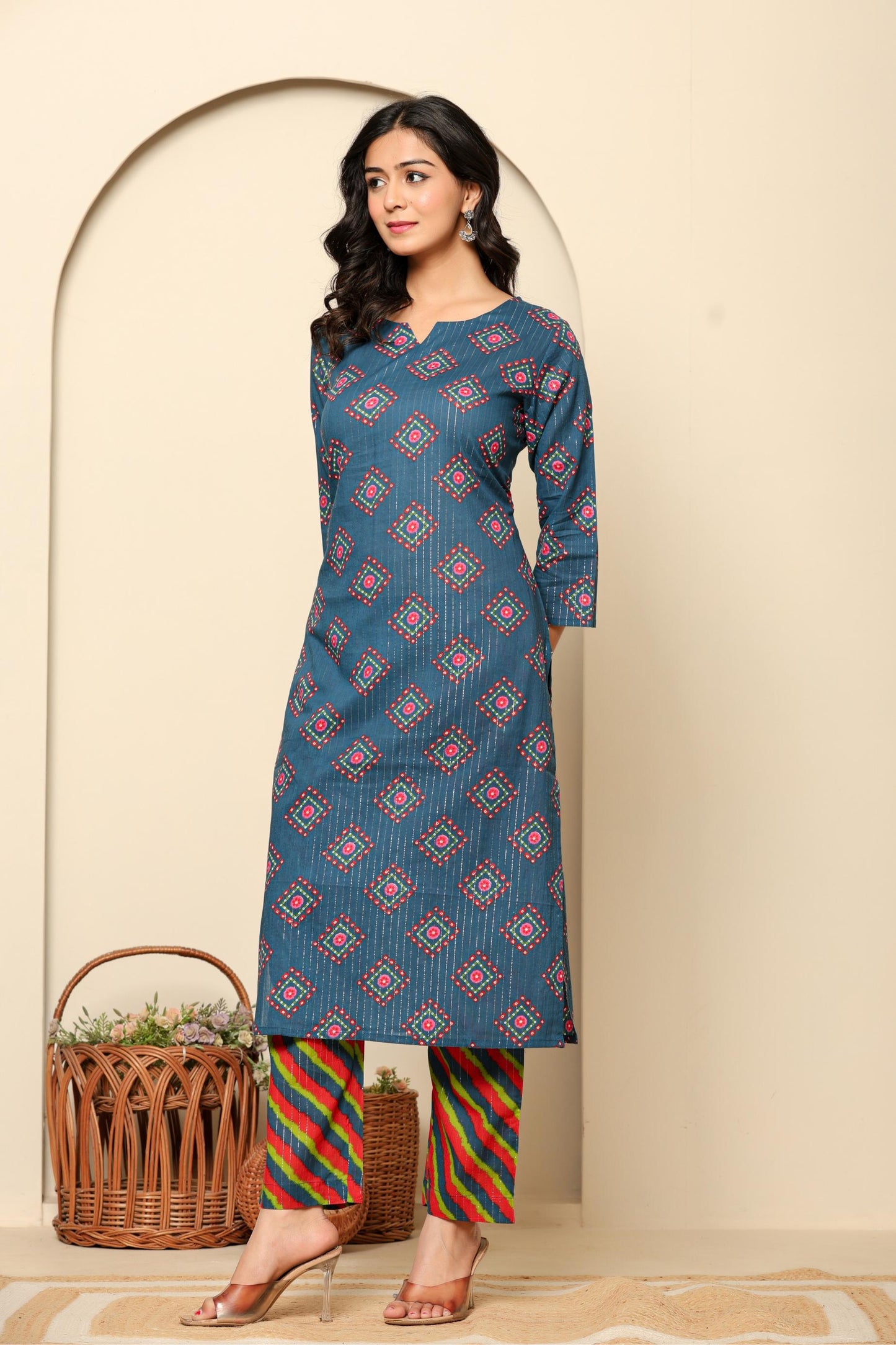 Navy Blue Printed Cotton Kurta Set