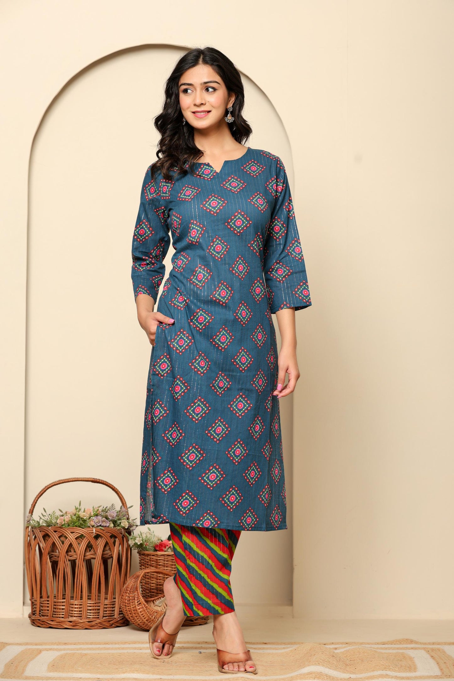 Navy Blue Printed Cotton Kurta Set