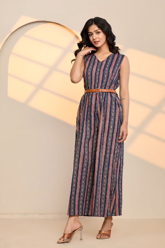 Front view of Peony Blue Cotton Printed Jumpsuit