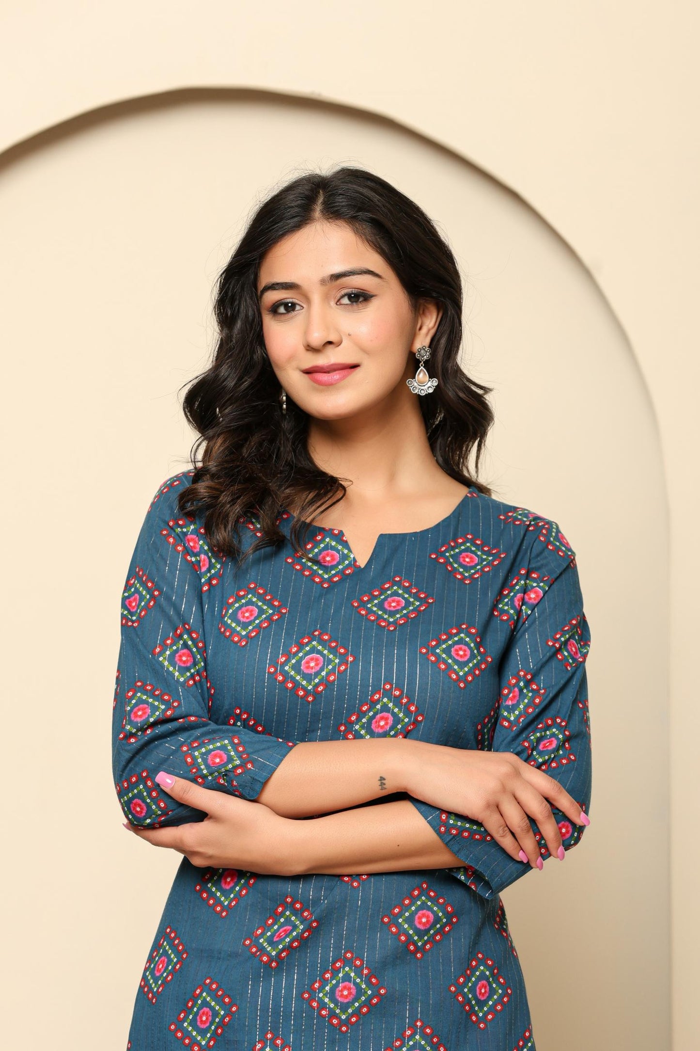 Navy Blue Printed Cotton Kurta Set