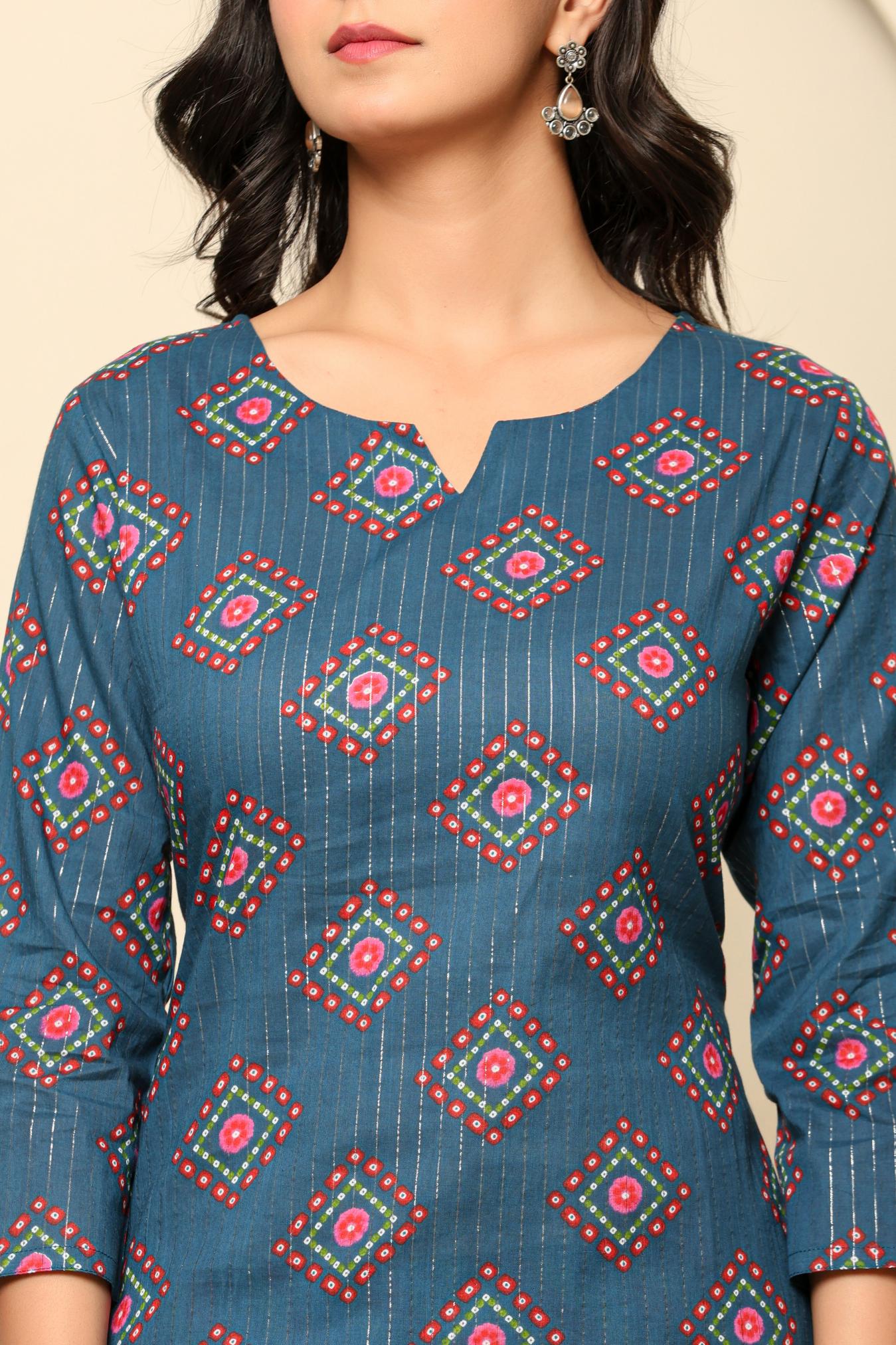 Navy Blue Printed Cotton Kurta Set