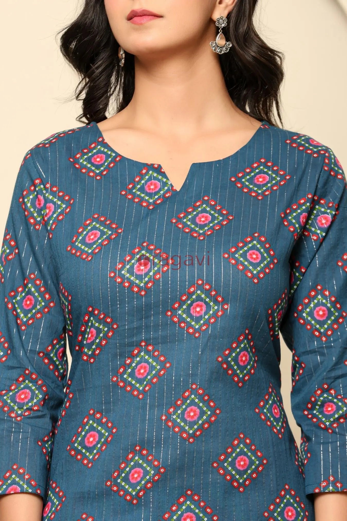 Navy Blue Printed Cotton Kurta Set - Ragavi