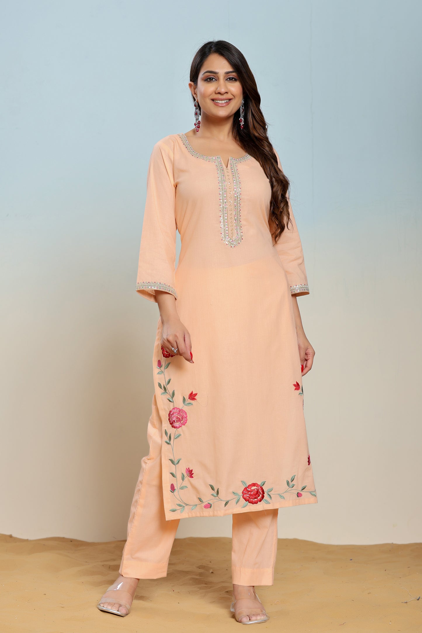 Peach Nectar Embroidered Cotton Suit Set
