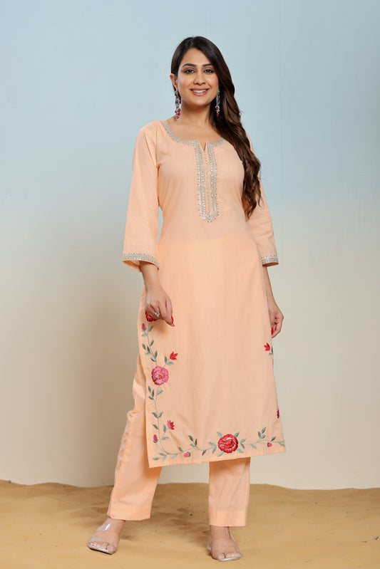 Peach Nectar Embroidered Cotton Suit Set