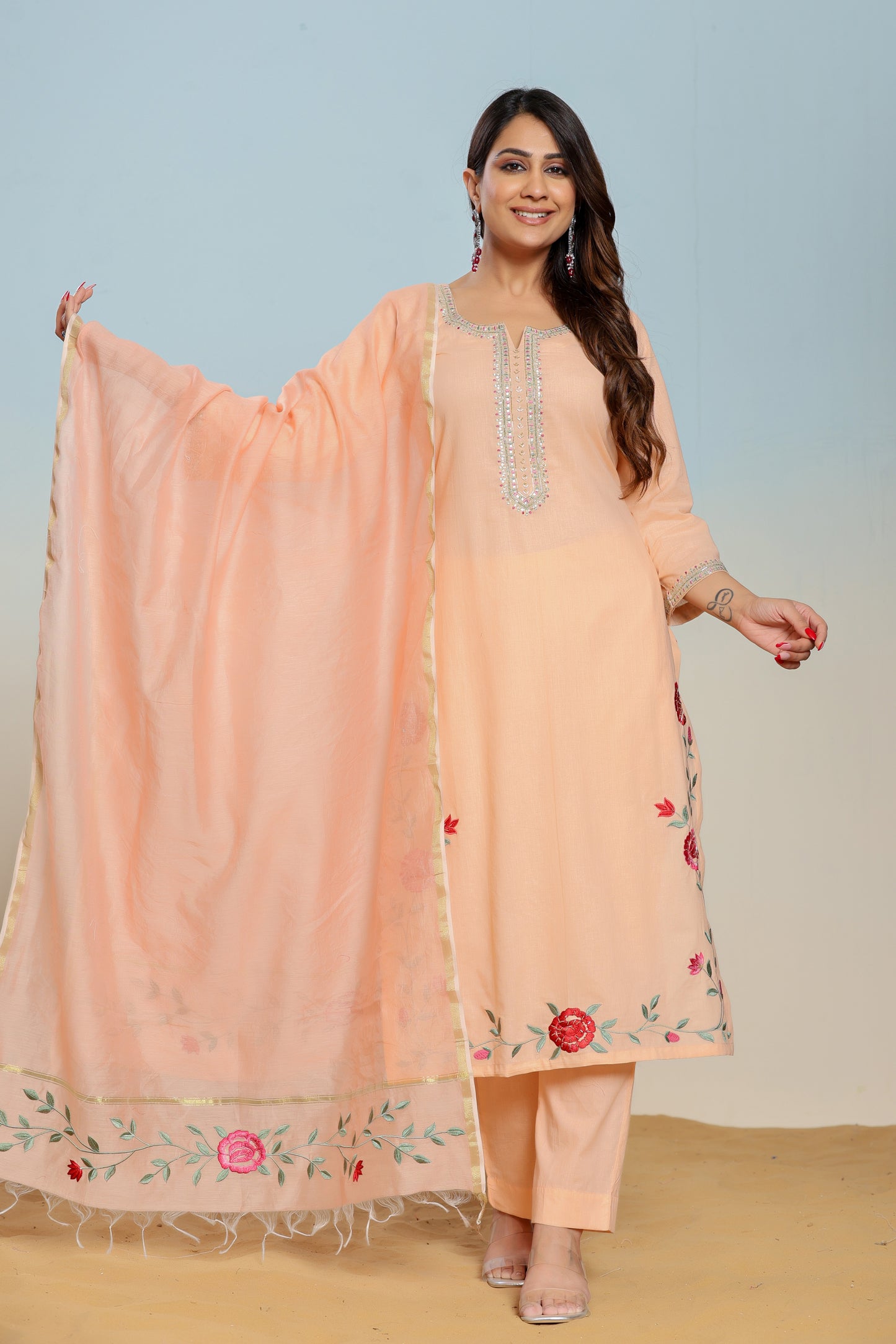 Peach Nectar Embroidered Cotton Suit Set