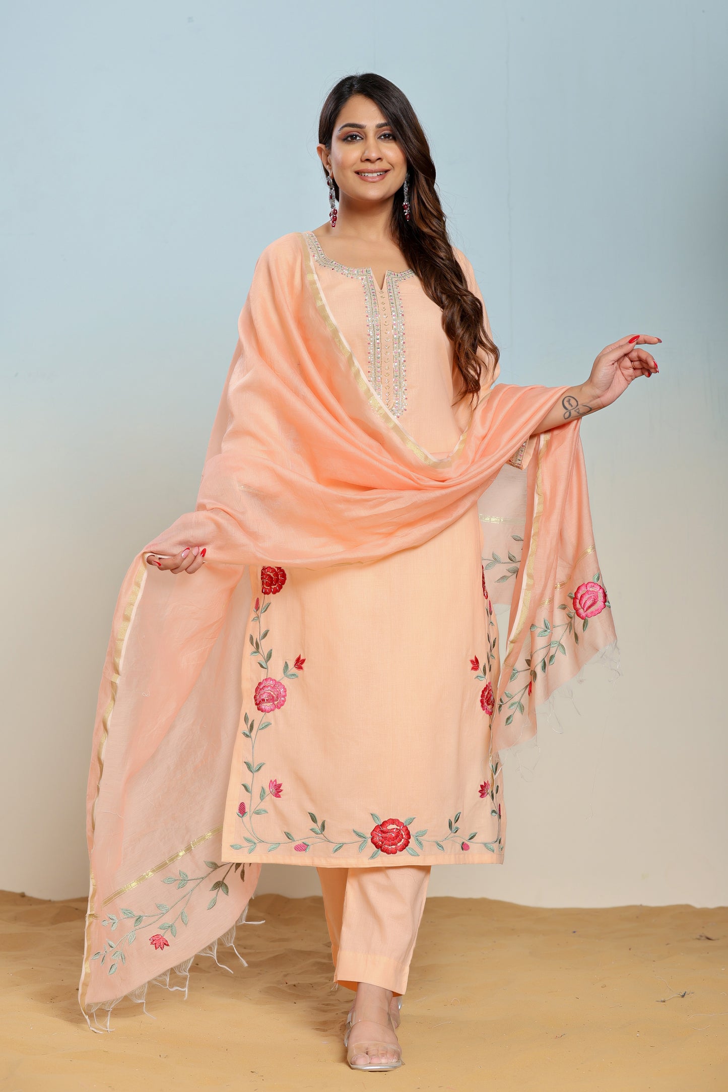 Peach Nectar Embroidered Cotton Suit Set