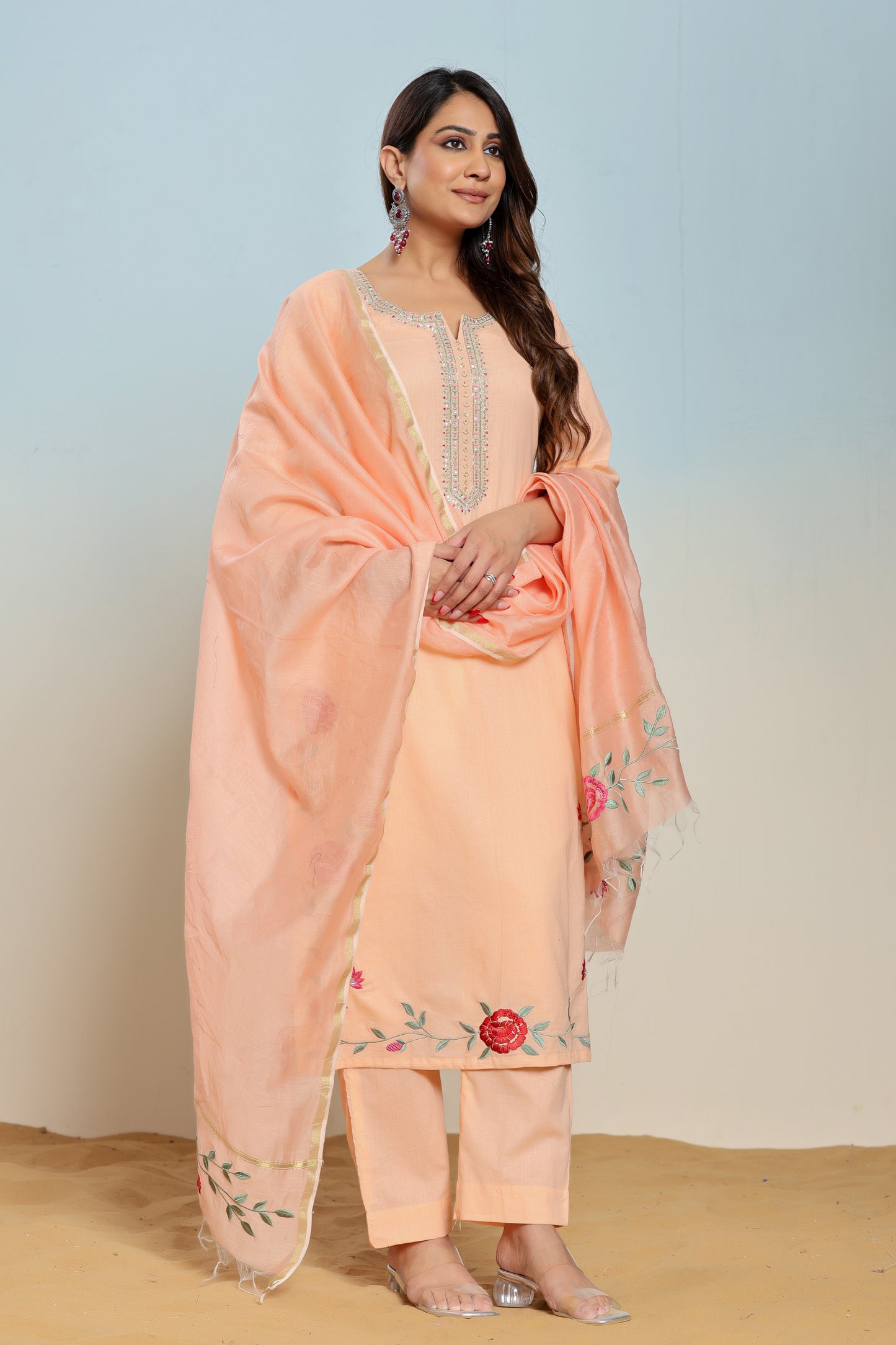 Peach Nectar Embroidered Cotton Suit Set