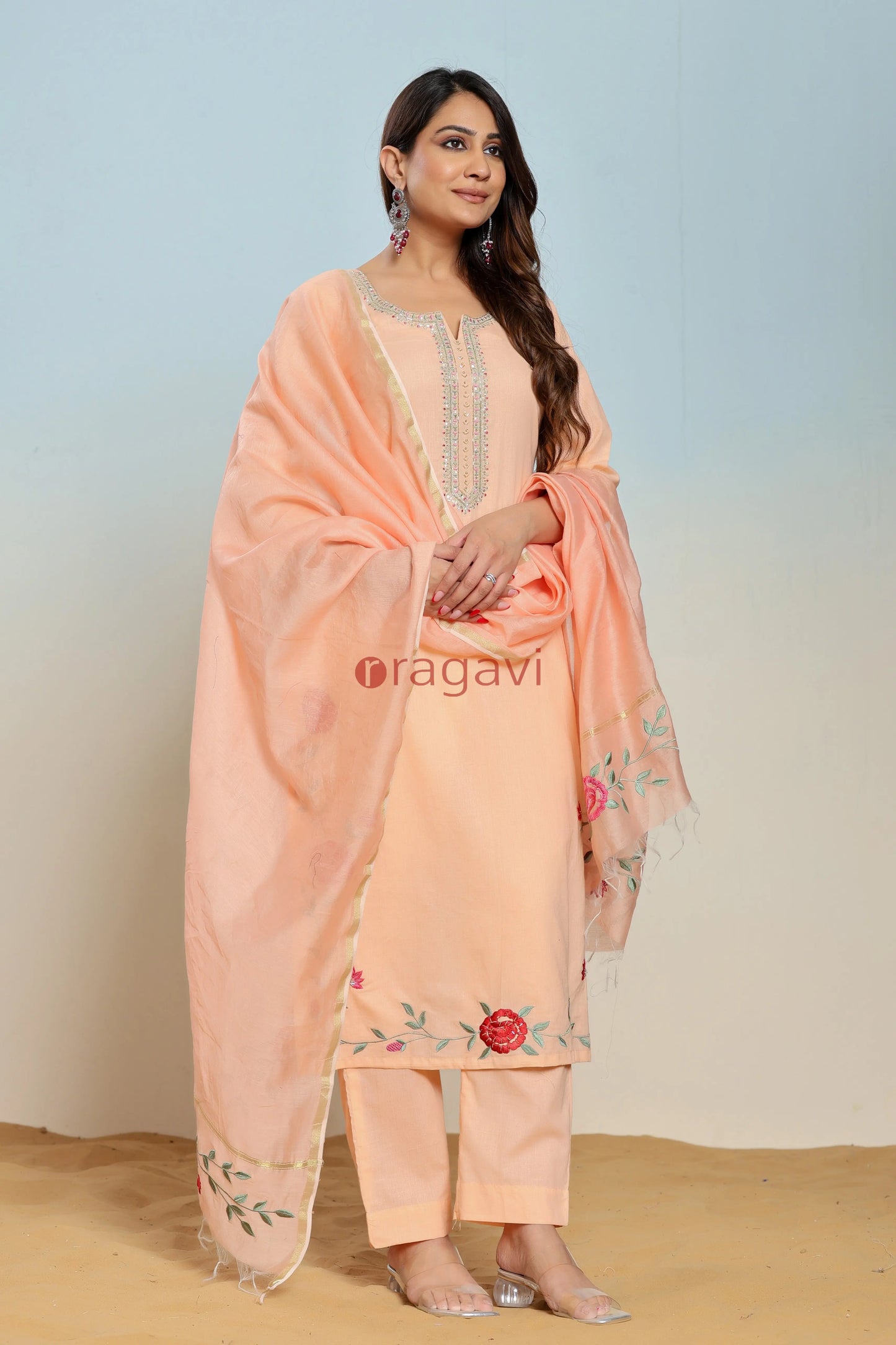 Peach Nectar Embroidered Cotton Suit Set - Ragavi