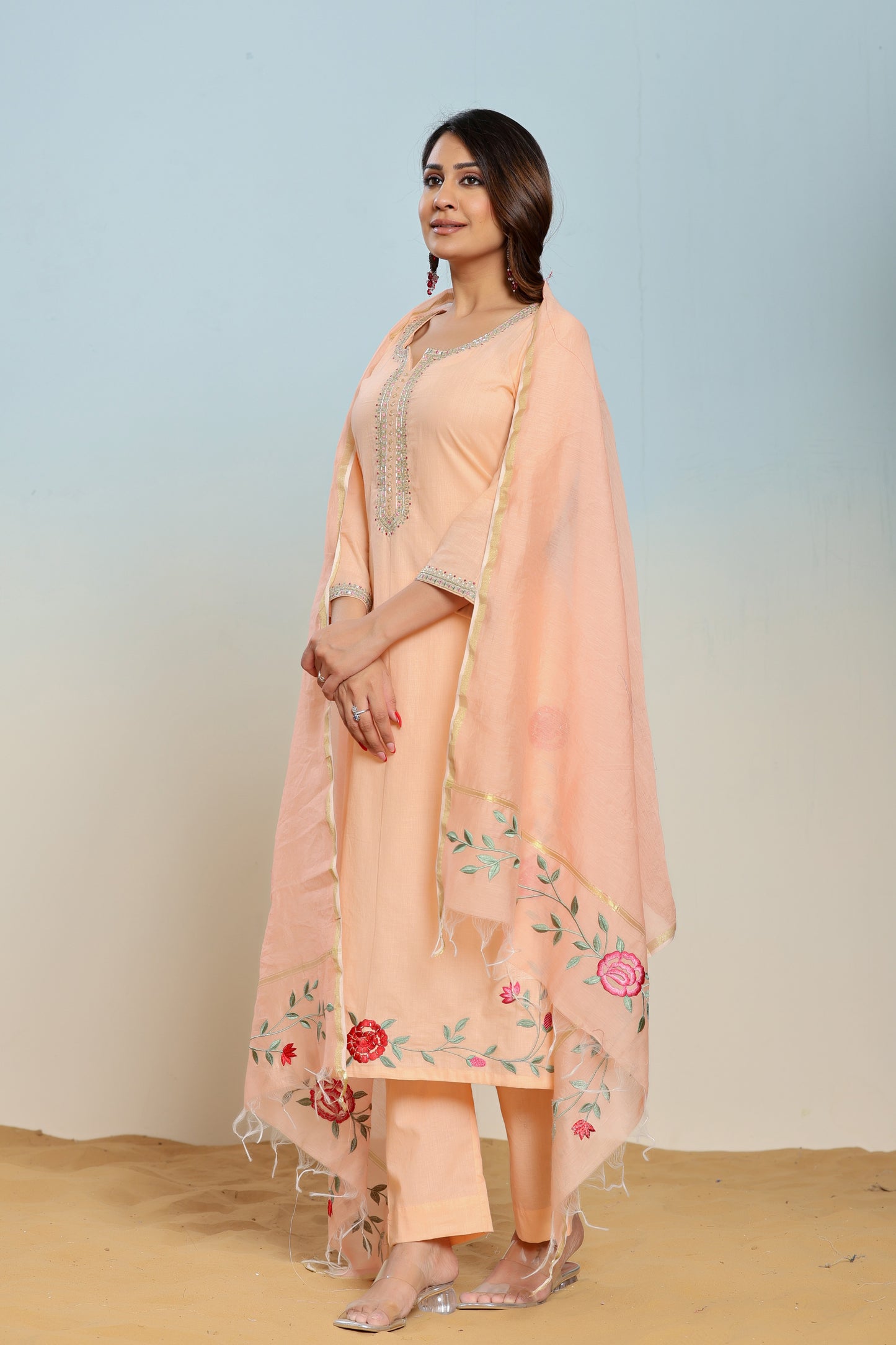 Peach Nectar Embroidered Cotton Suit Set