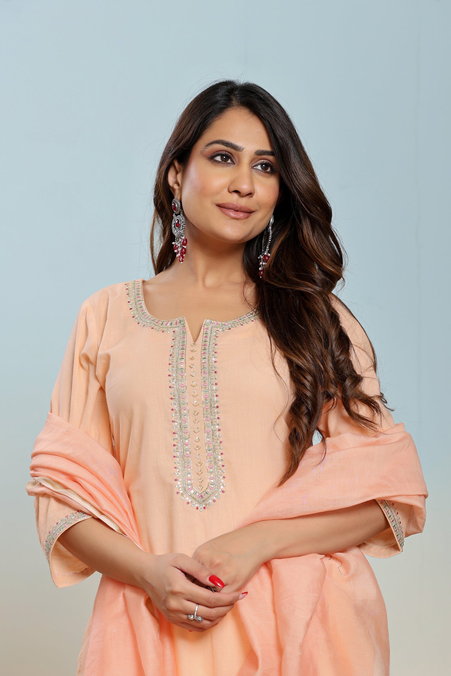 Peach Nectar Embroidered Cotton Suit Set
