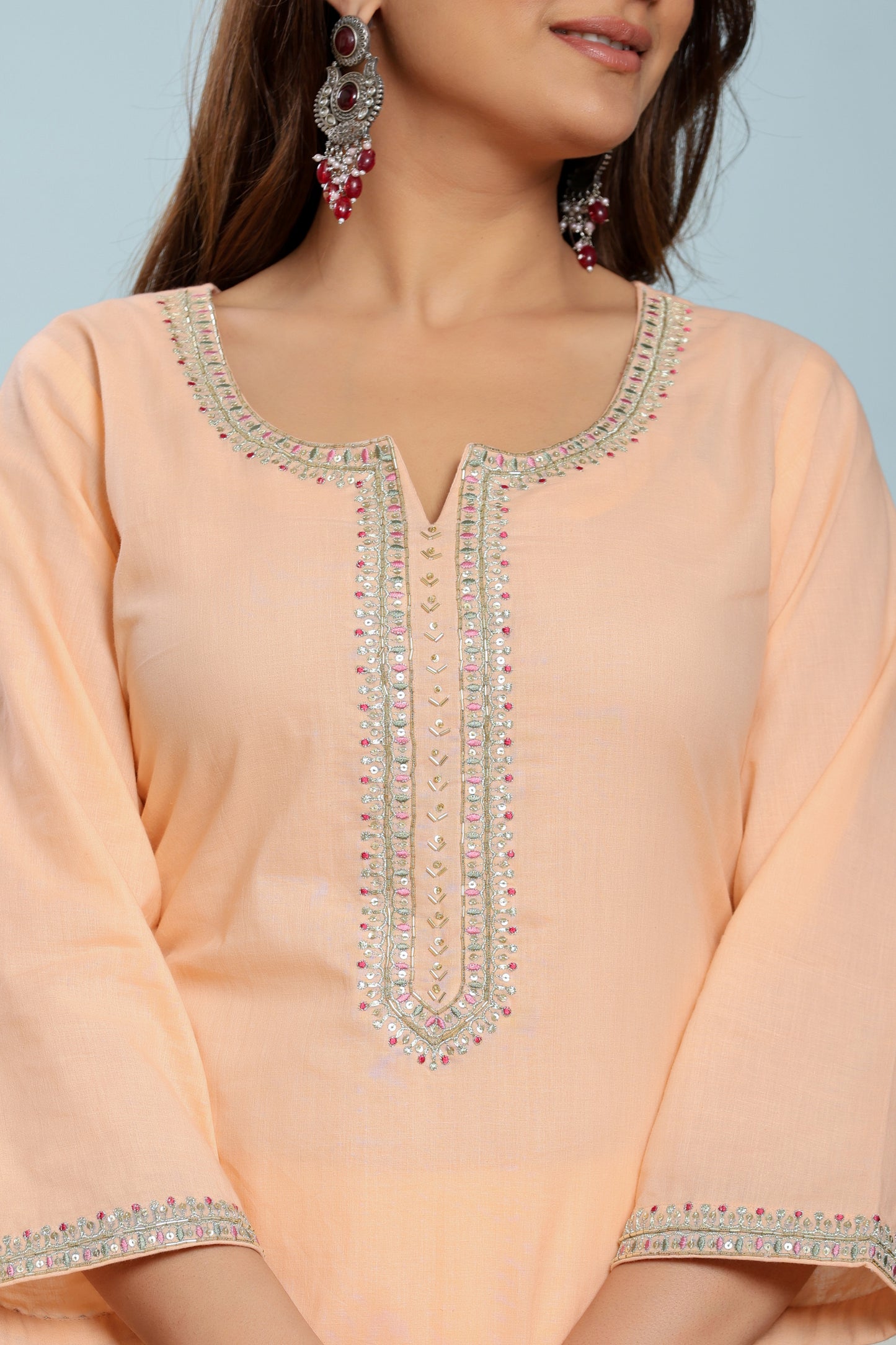 Peach Nectar Embroidered Cotton Suit Set