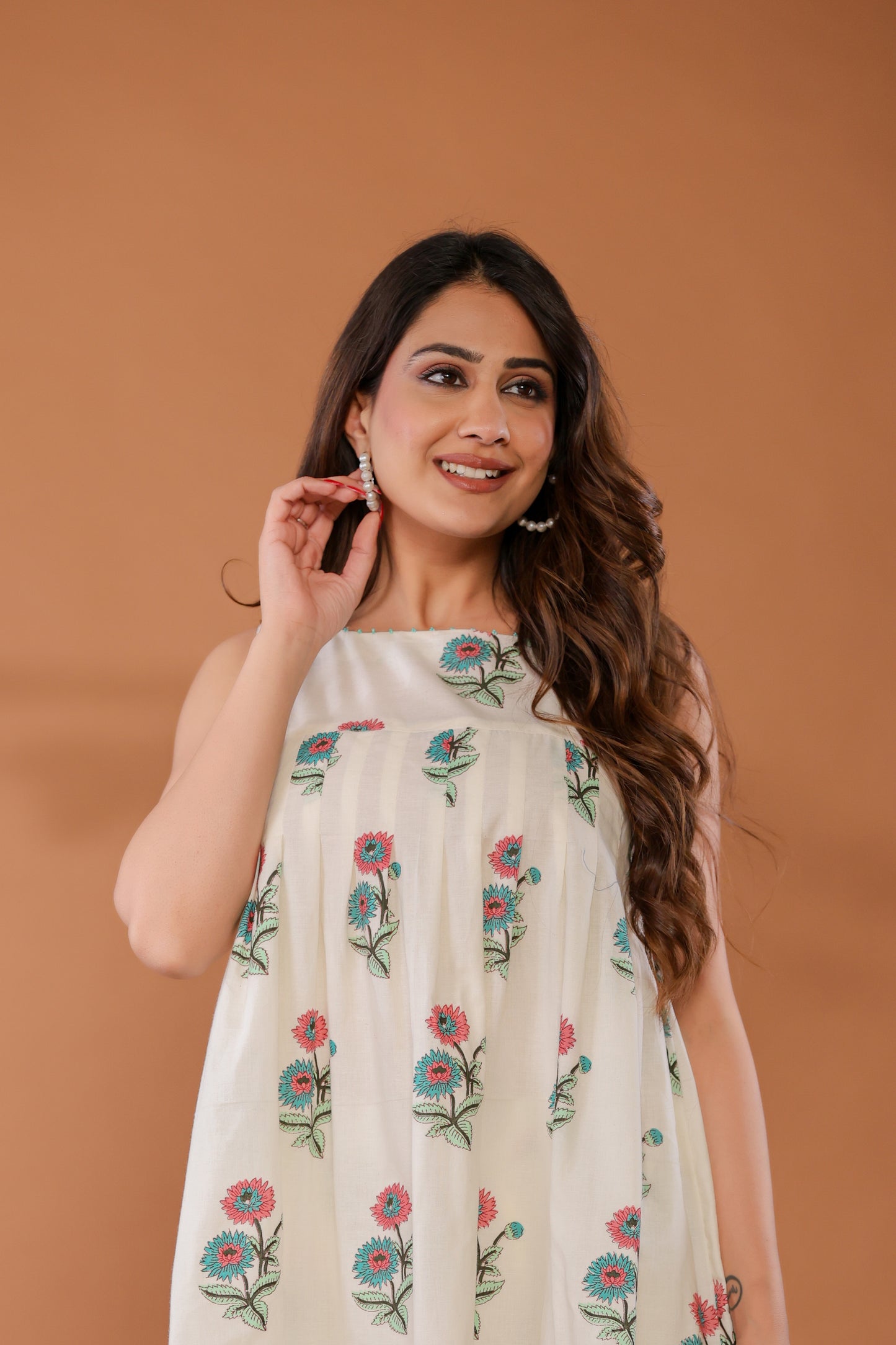 Close-up of white hand block motifs on soft cotton fabric