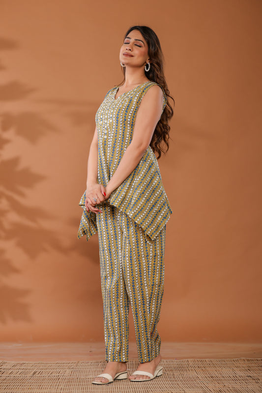 Side profile of breathable cotton co-ord set in yellow