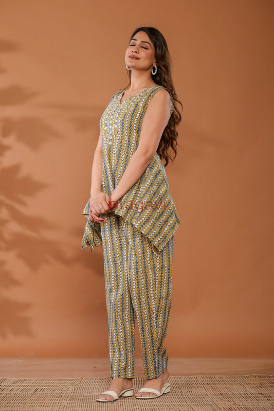 Side profile of breathable cotton co-ord set in yellow