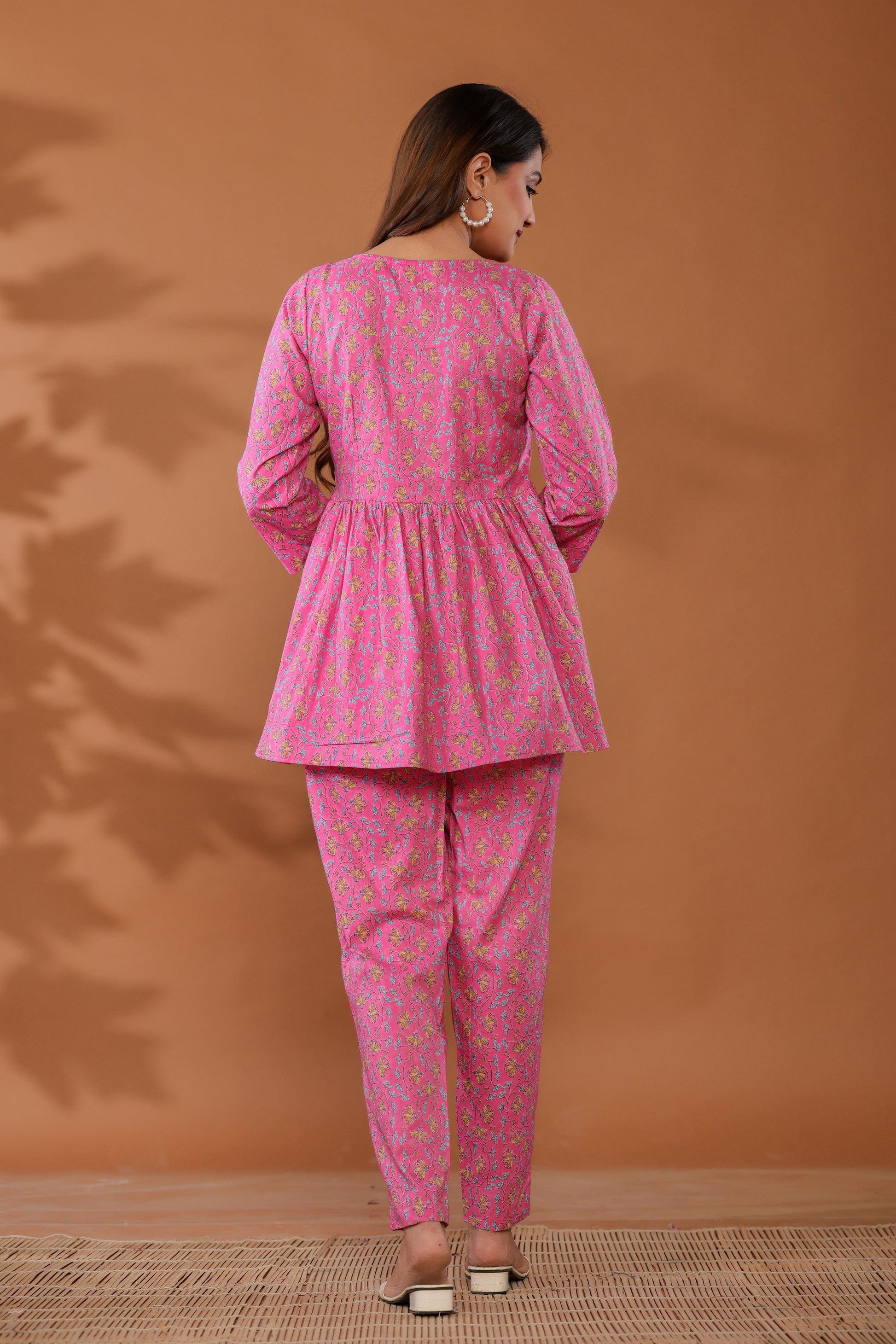 Back view of Aurora Pink Cotton Co-ord Set with hand block print