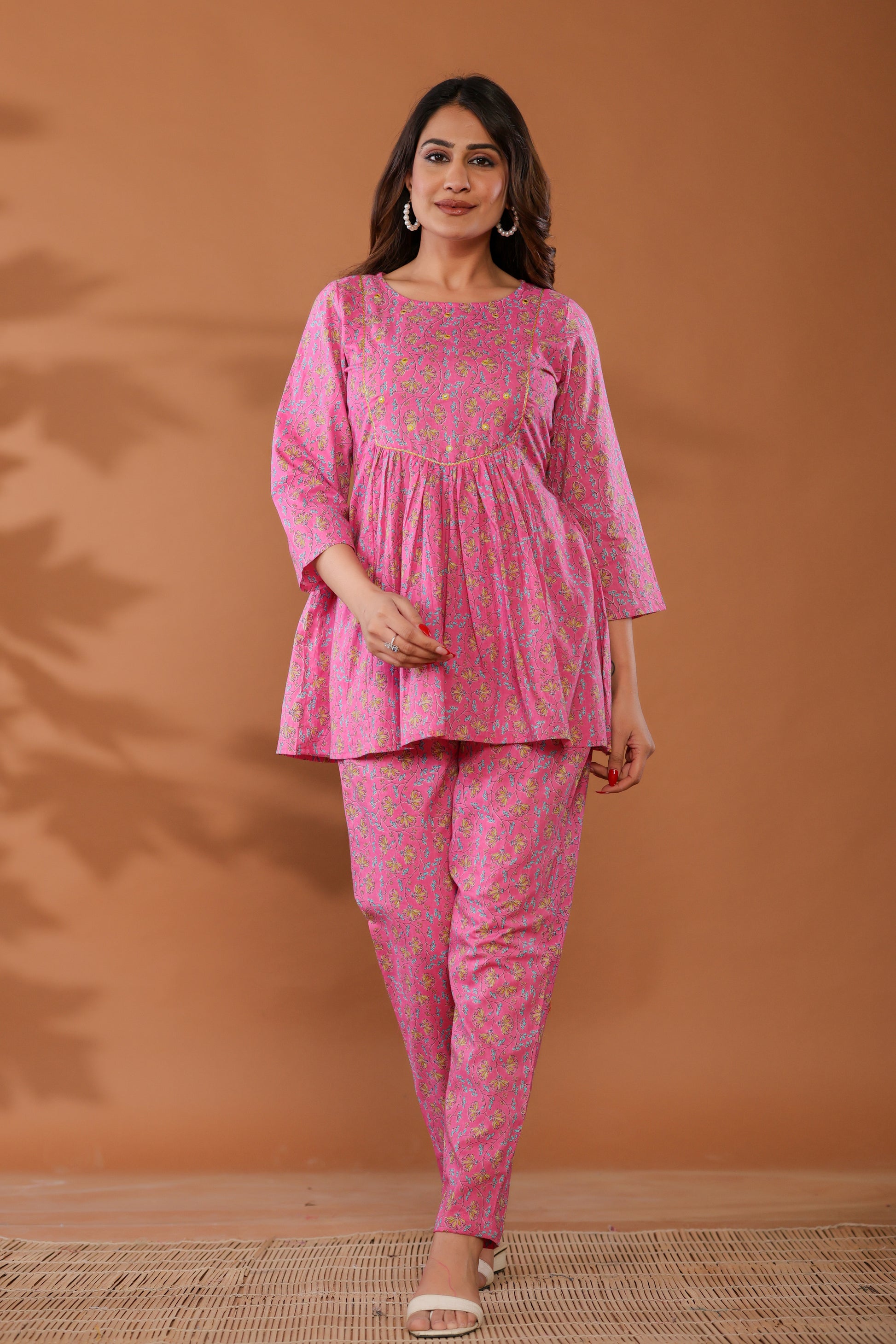 Front view of Aurora Pink Cotton Co-ord Set with hand block print