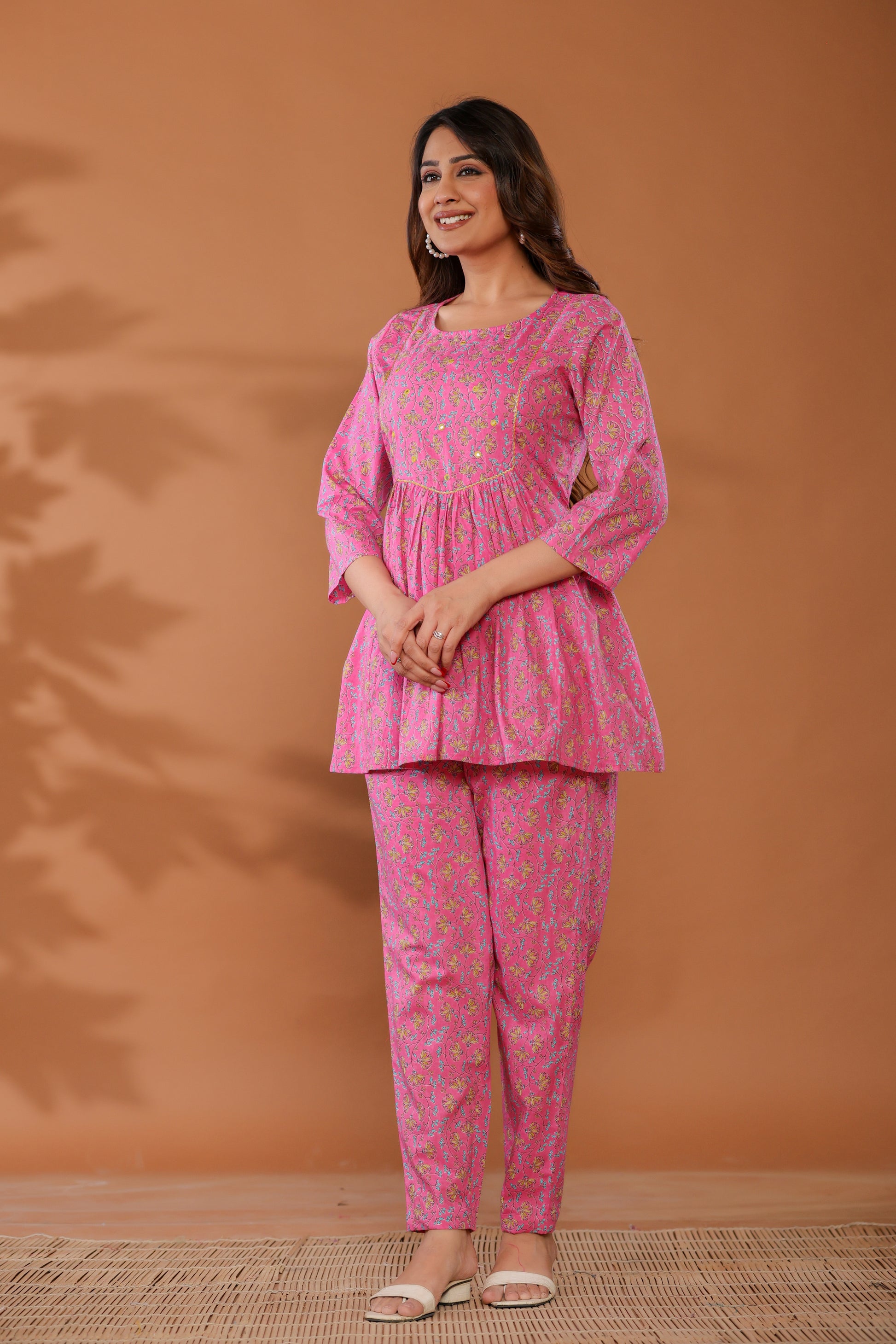 Woman wearing Aurora Pink Co-ord Set from Ragavi Jaipur