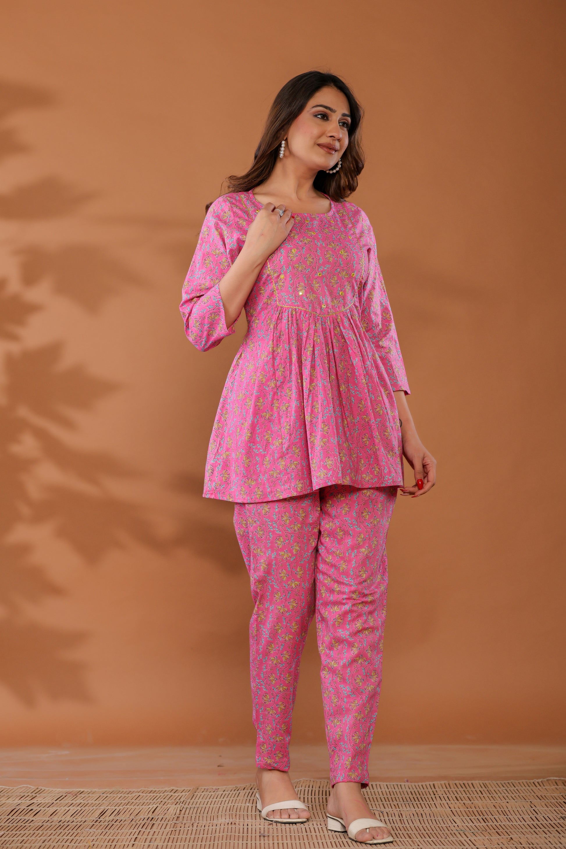 Front view of Aurora Pink Cotton Co-ord Set with hand block print