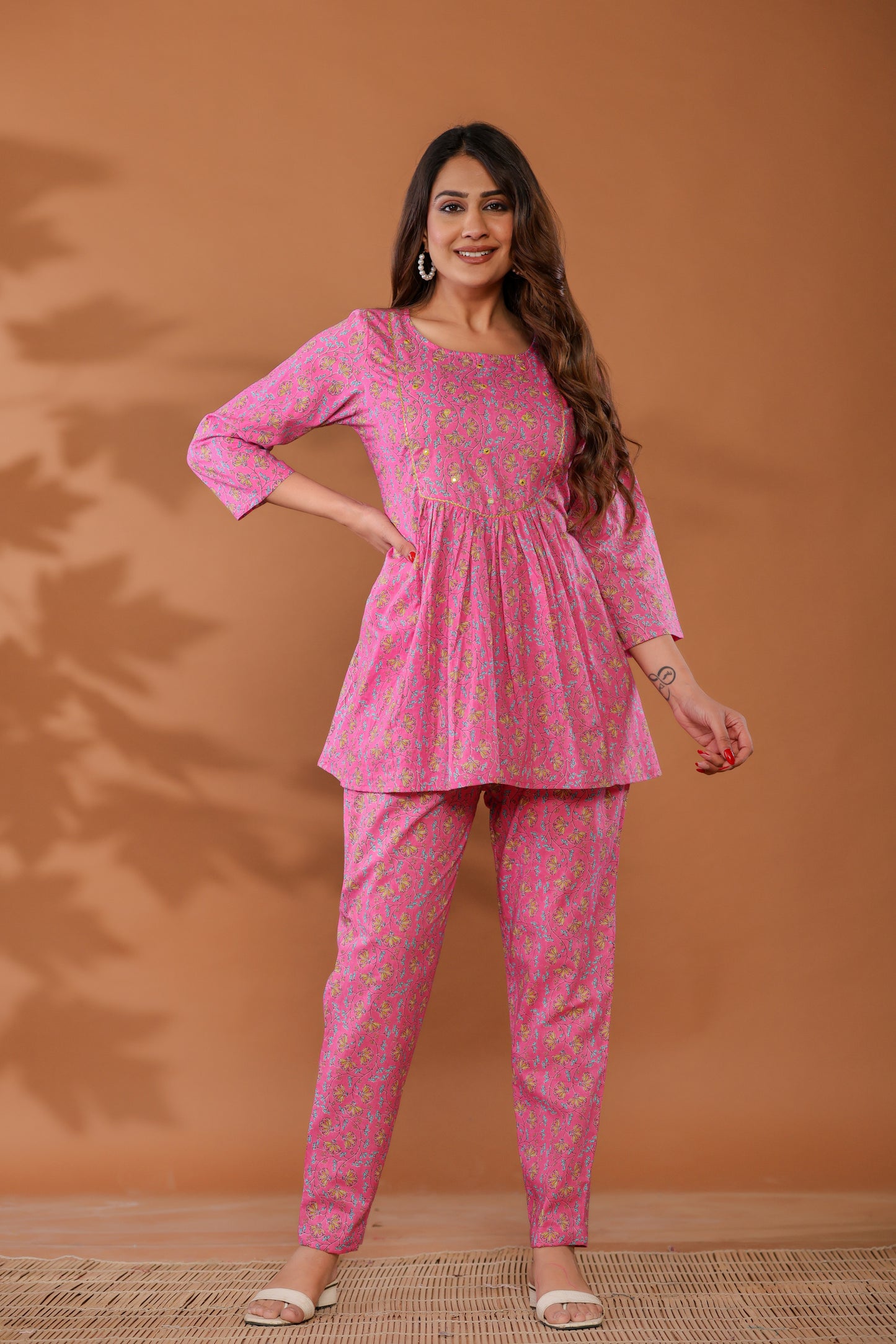 Front view of Aurora Pink Cotton Co-ord Set with hand block print