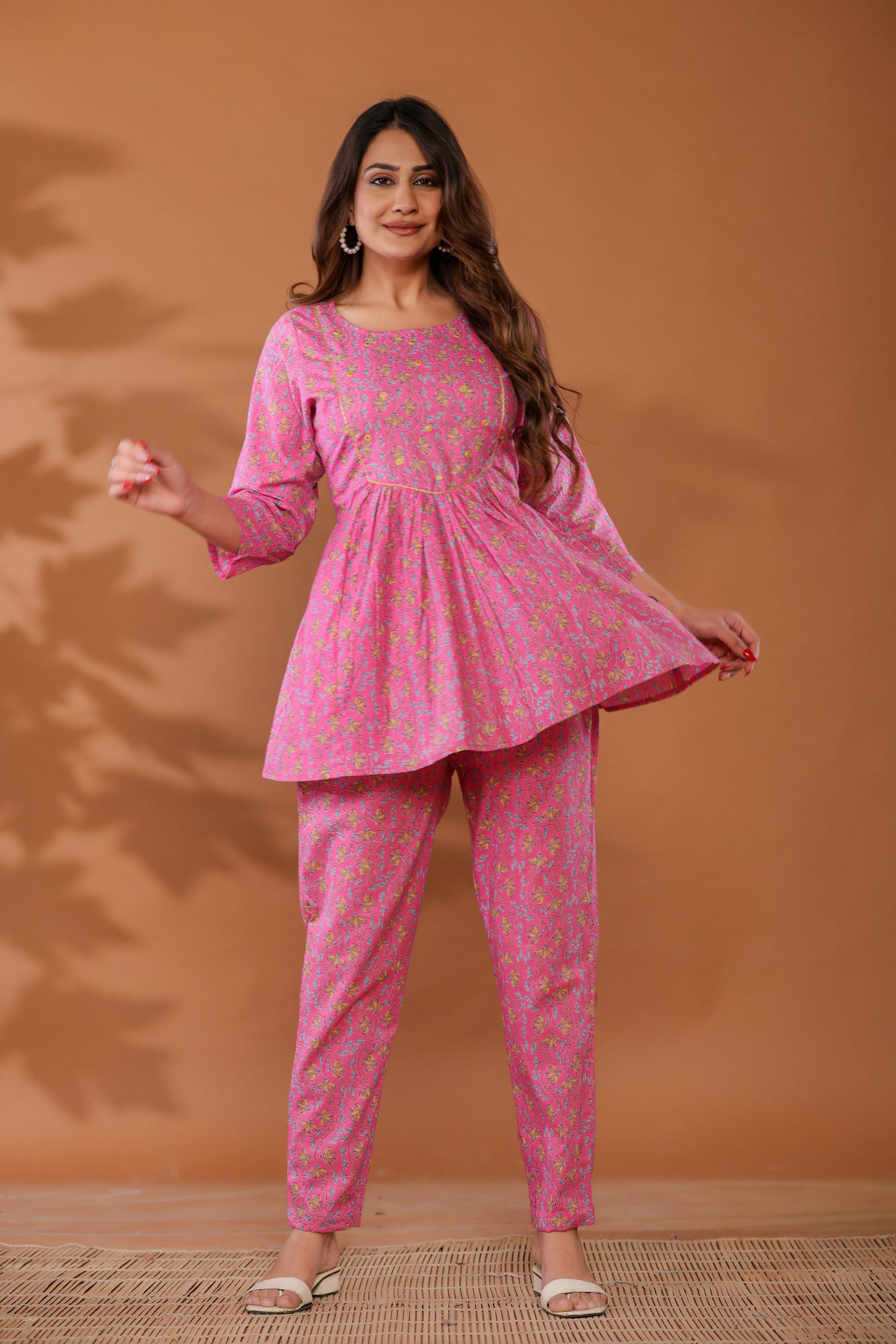 Front view of Aurora Pink Cotton Co-ord Set with hand block print