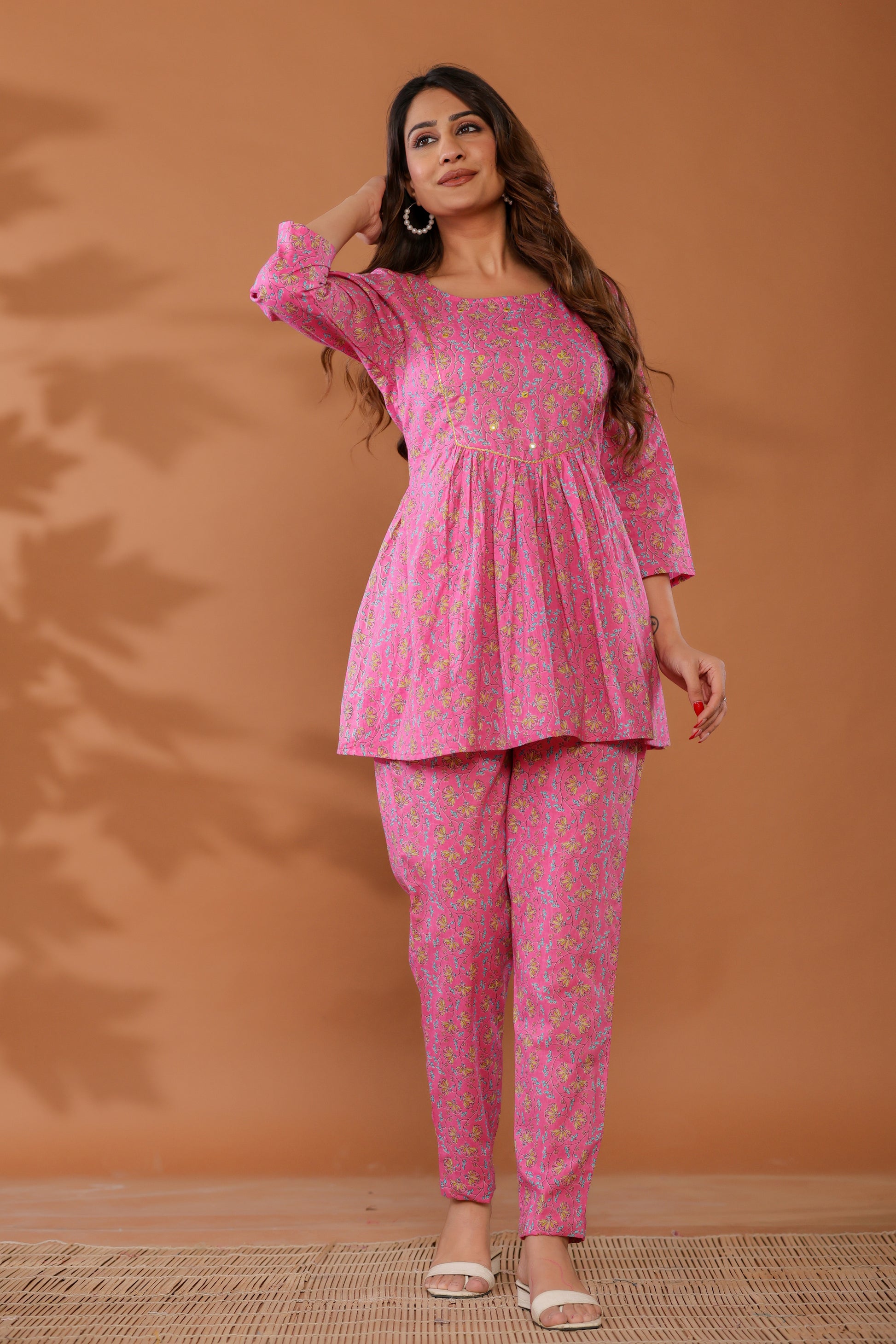 Front view of Aurora Pink Cotton Co-ord Set with hand block print