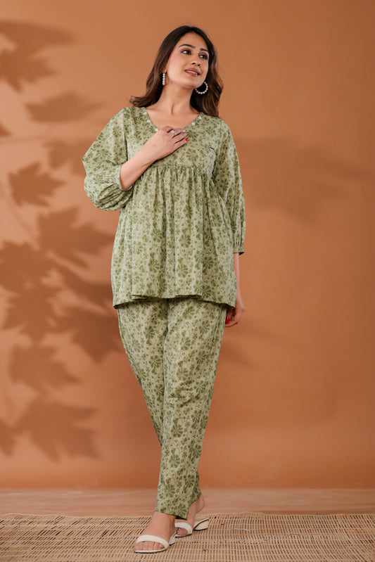 Front view of Meadow Green Cotton Block Printed Co-ord Set