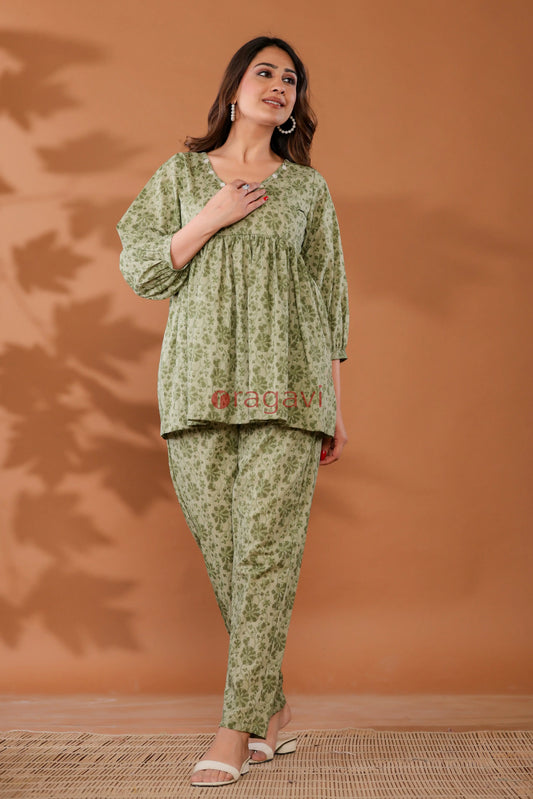 Front view of Meadow Green Cotton Block Printed Co-ord Set