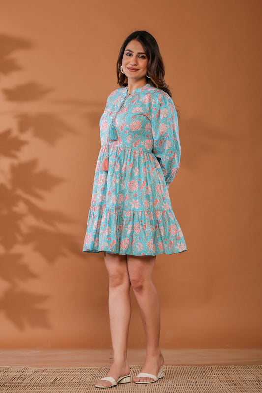 Ice Water Blue Cotton Hand Block Printed Mini Dress