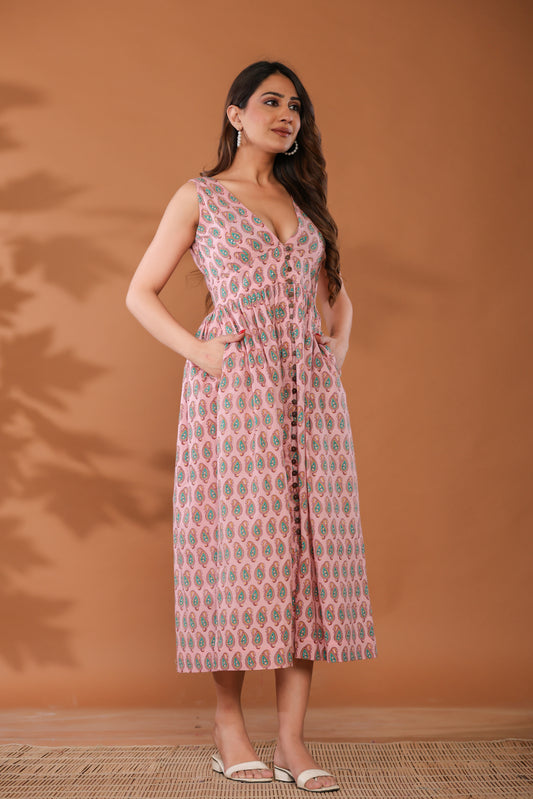 Sugar Pink Cotton Hand Block Printed Midi Dress
