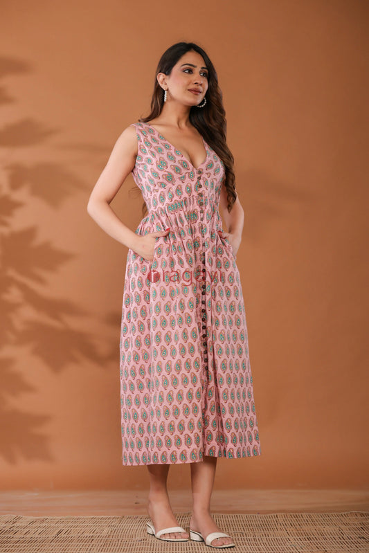 Sugar Pink Cotton Hand Block Printed Midi Dress - Ragavi