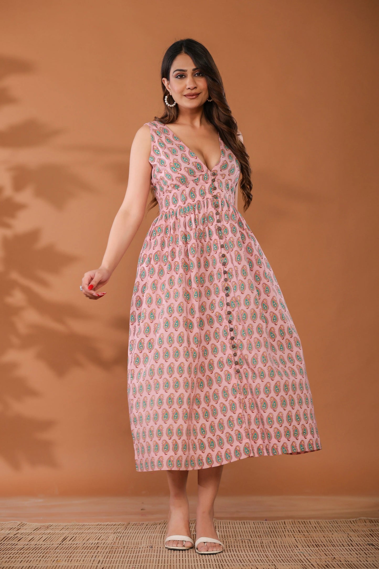Sugar Pink Cotton Hand Block Printed Midi Dress - Ragavi