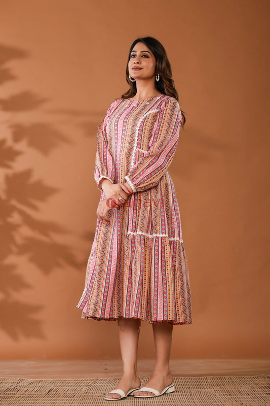Cradle Pink Cotton Hand Block Printed Midi Dress - Ragavi