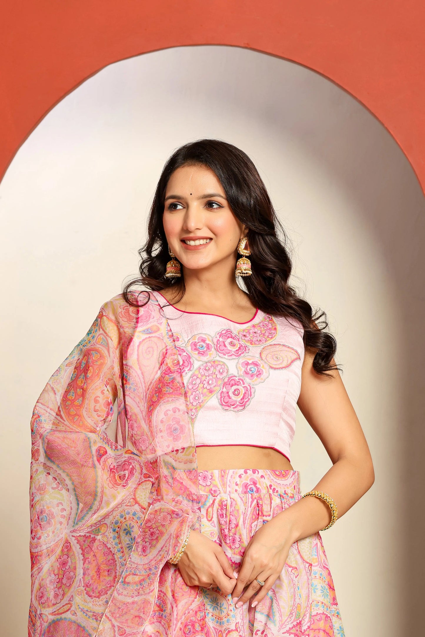 Ragavi Pastel Pink Paisley Printed Lehenga Set with Dupatta - Ragavi