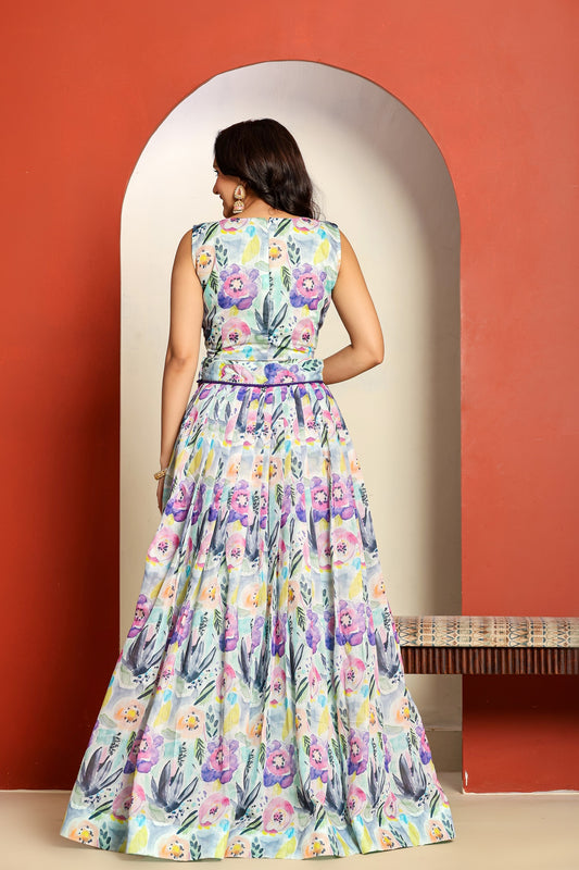 Ragavi Pastel Blue Floral Printed Lehenga Set with Sheer Dupatta