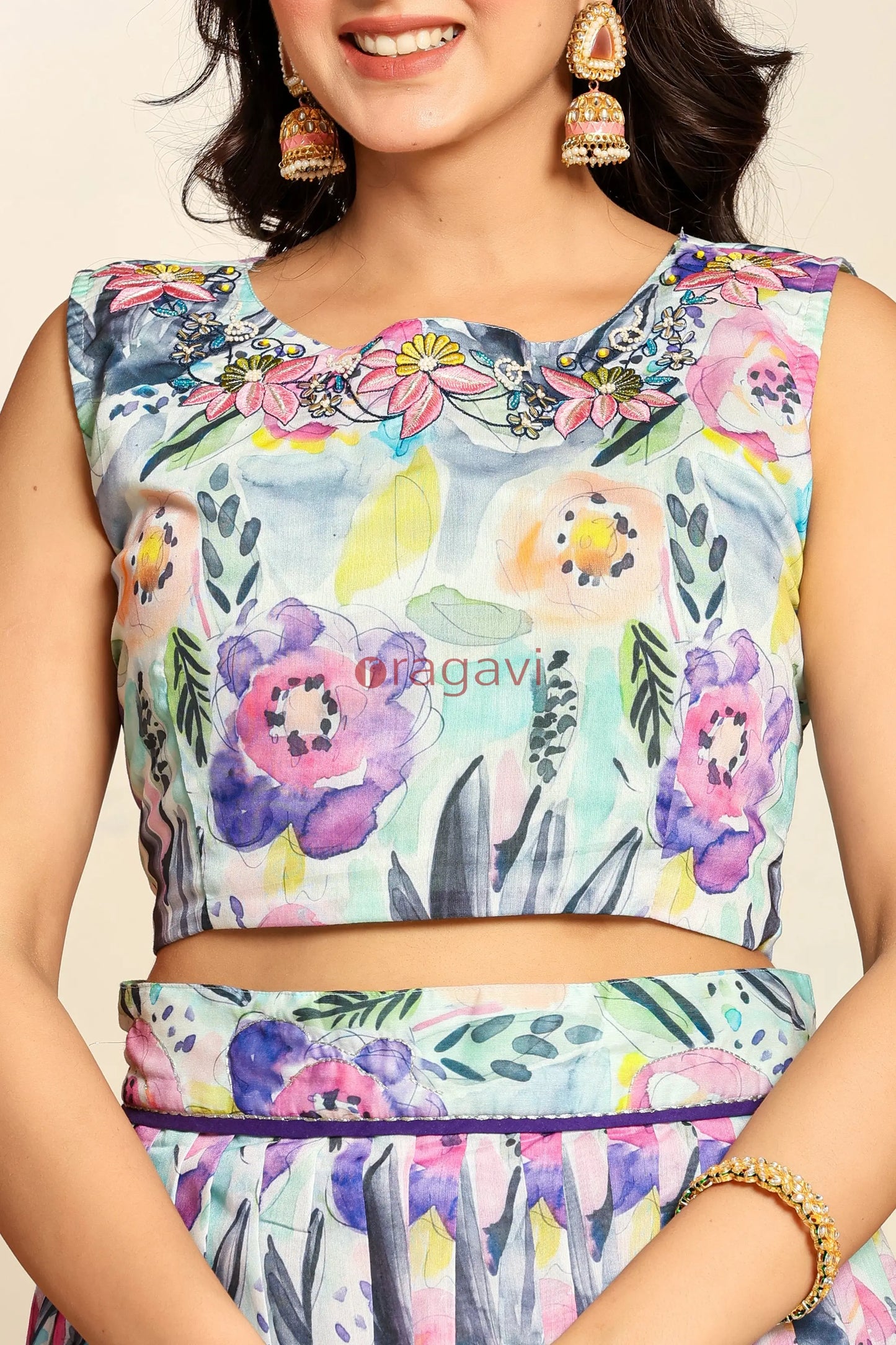 Ragavi Pastel Blue Floral Printed Lehenga Set with Sheer Dupatta - Ragavi