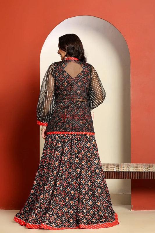 Ragavi Black and Red Printed Lehenga Set with Sheer Jacket - Ragavi